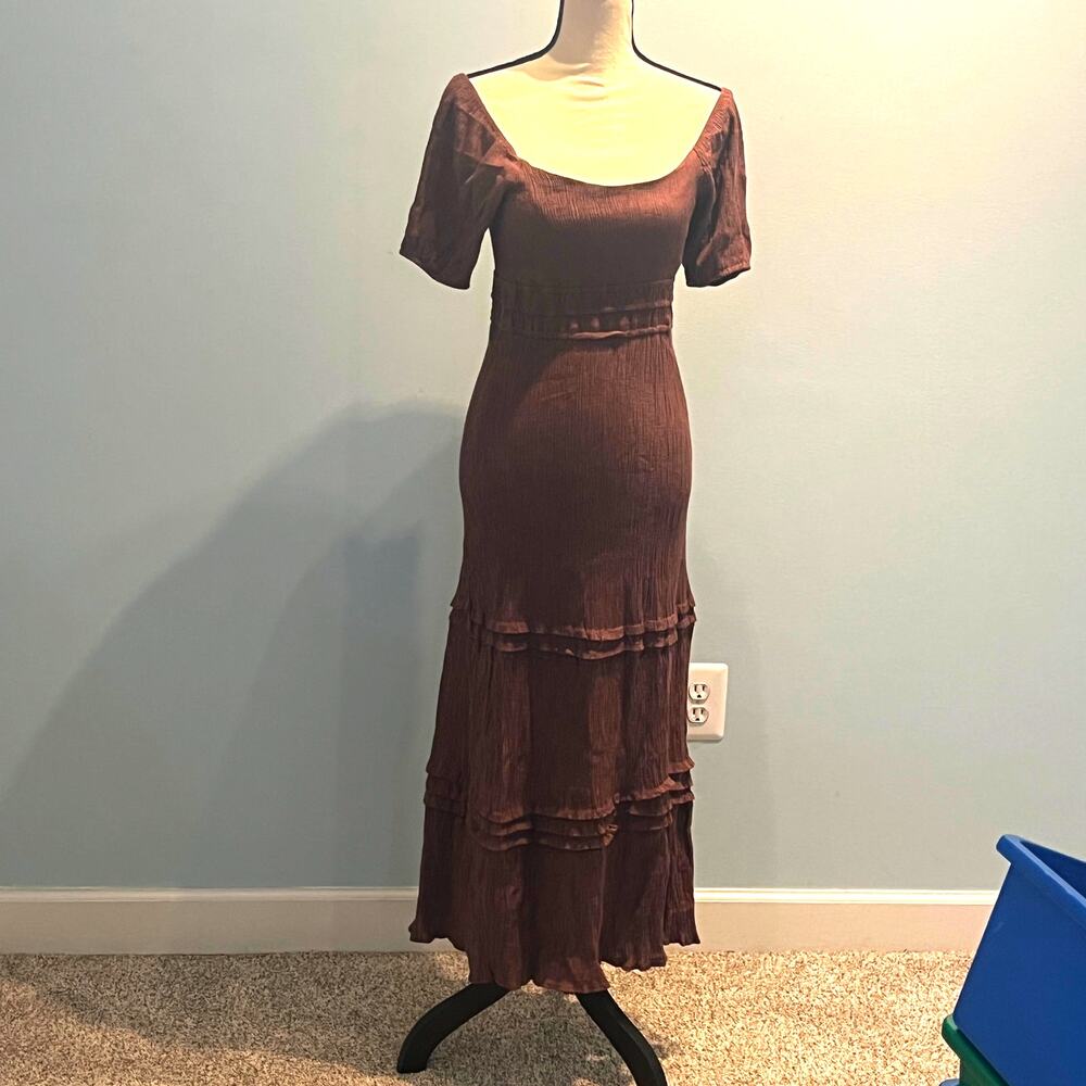 Max & Ash Dusty Plum Crinkle Midi Dress Boho Fairy Size L Milkmaid Maiden